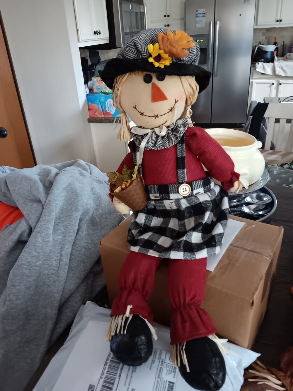 Autumn Scarecrow Plush Doll - Red & Black Harvest Decor, Shelf Sitter
